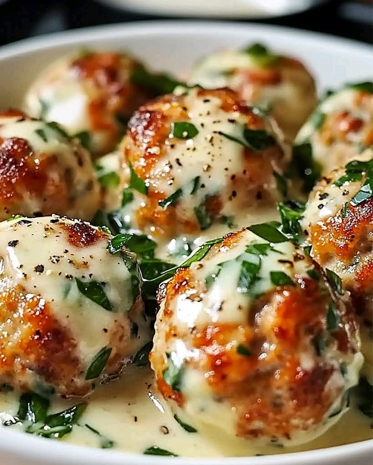 Easy Chicken Ricotta Meatballs with Spinach Alfredo Sauce