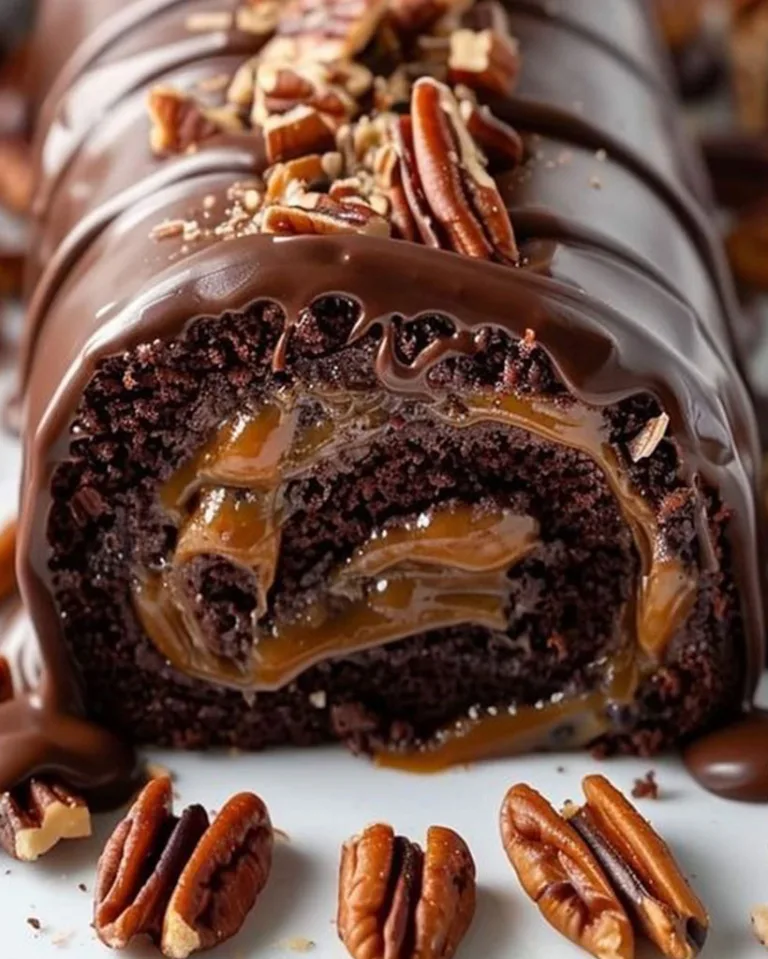 Ultimate Gooey Chocolate Caramel Turtle Cake Roll Recipe