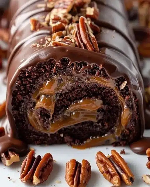 Ultimate Gooey Chocolate Caramel Turtle Cake Roll – No-Bake