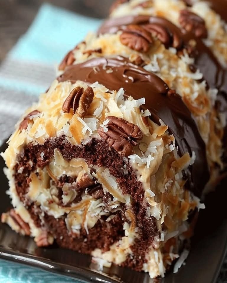 Ultimate Decadent German Chocolate Coconut Pecan Roll Cake