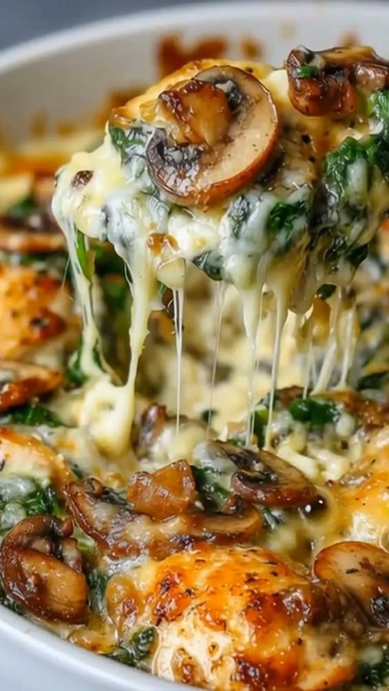 Easy Cheesy Chicken and Spinach Casserole with Mushrooms