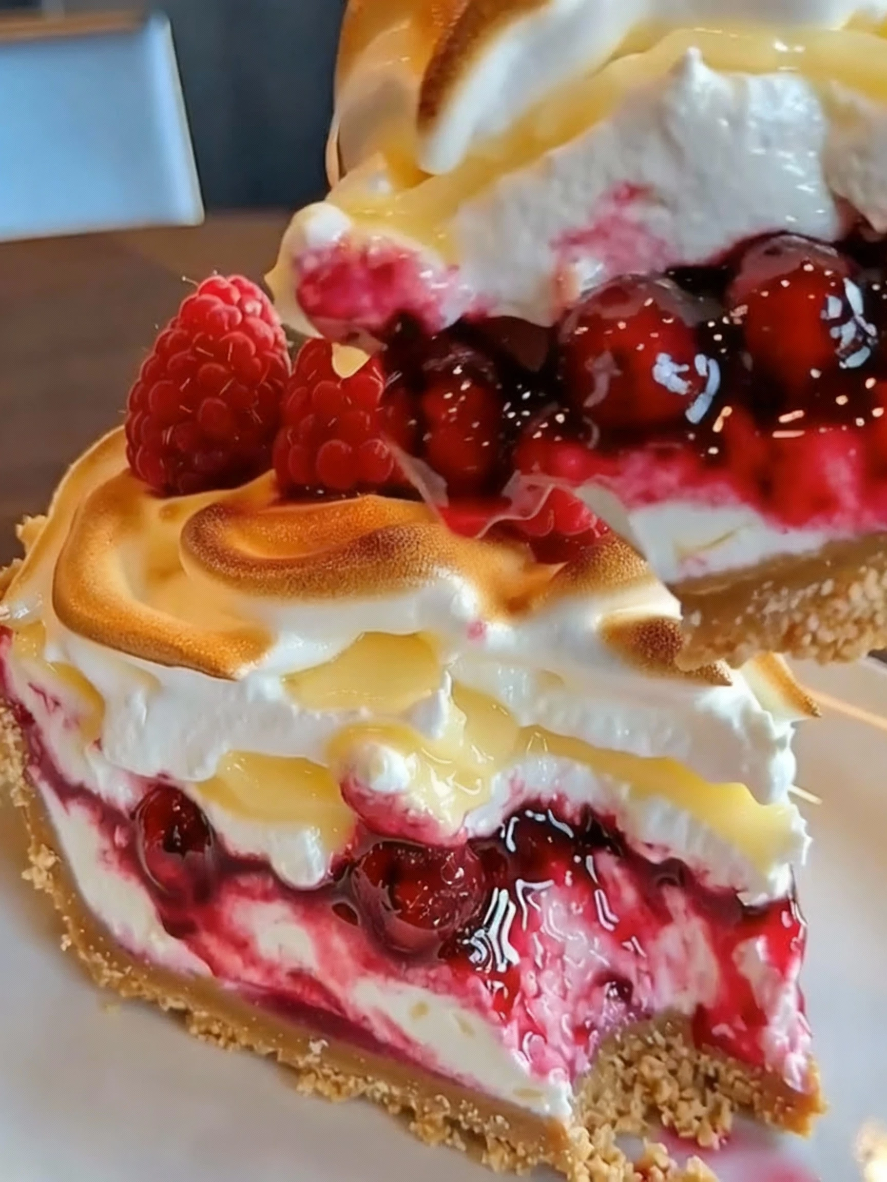 Lemon Raspberry Meringue Cheesecake finished