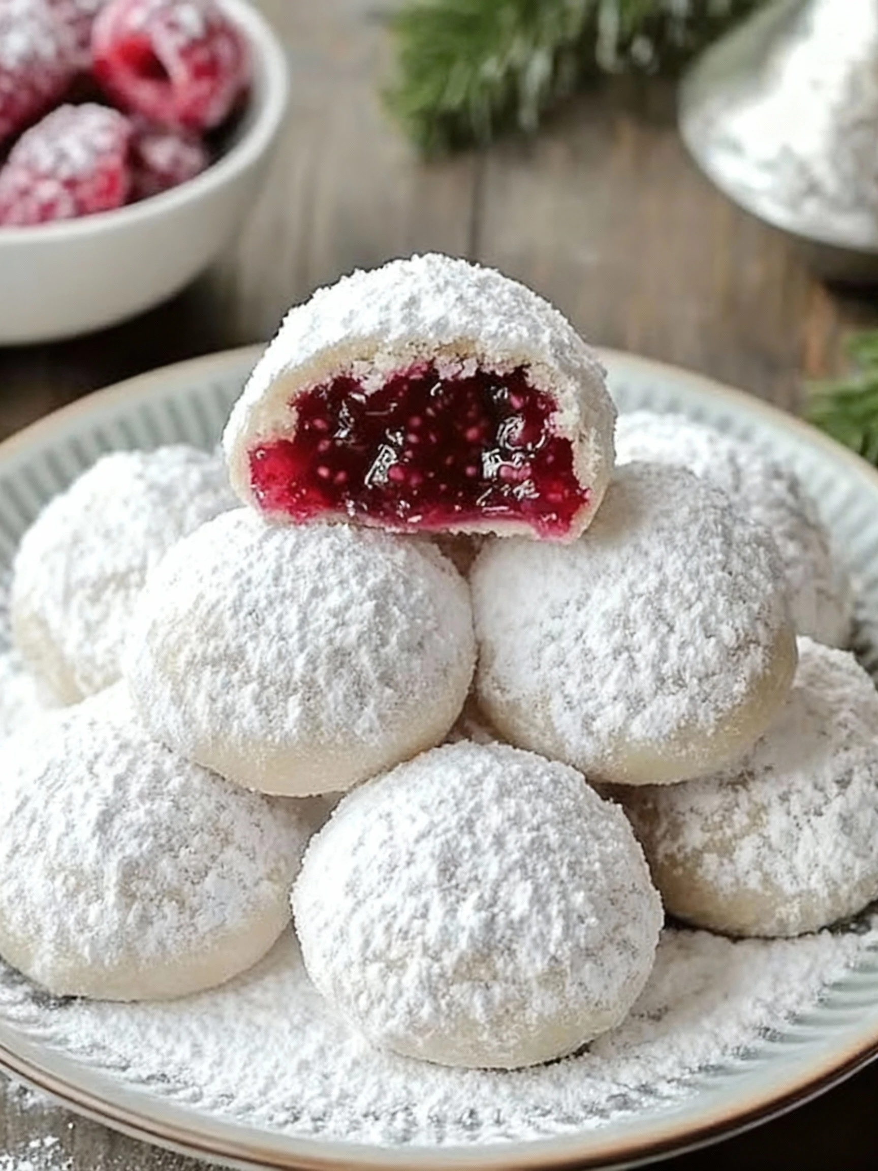 Raspberry-Filled Almond Snow Cookies finished