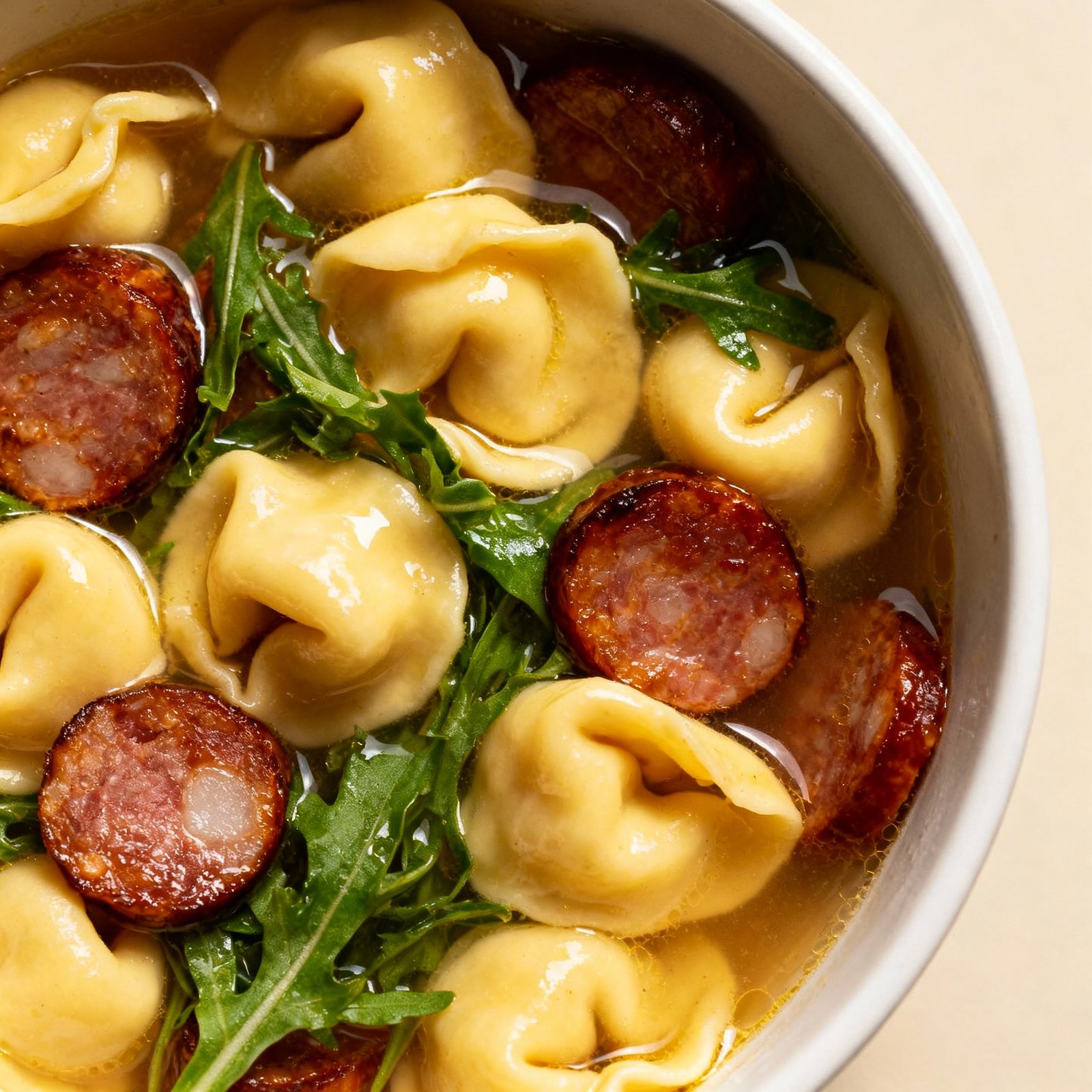 Tortellini Soup with Sausage and Arugula finished