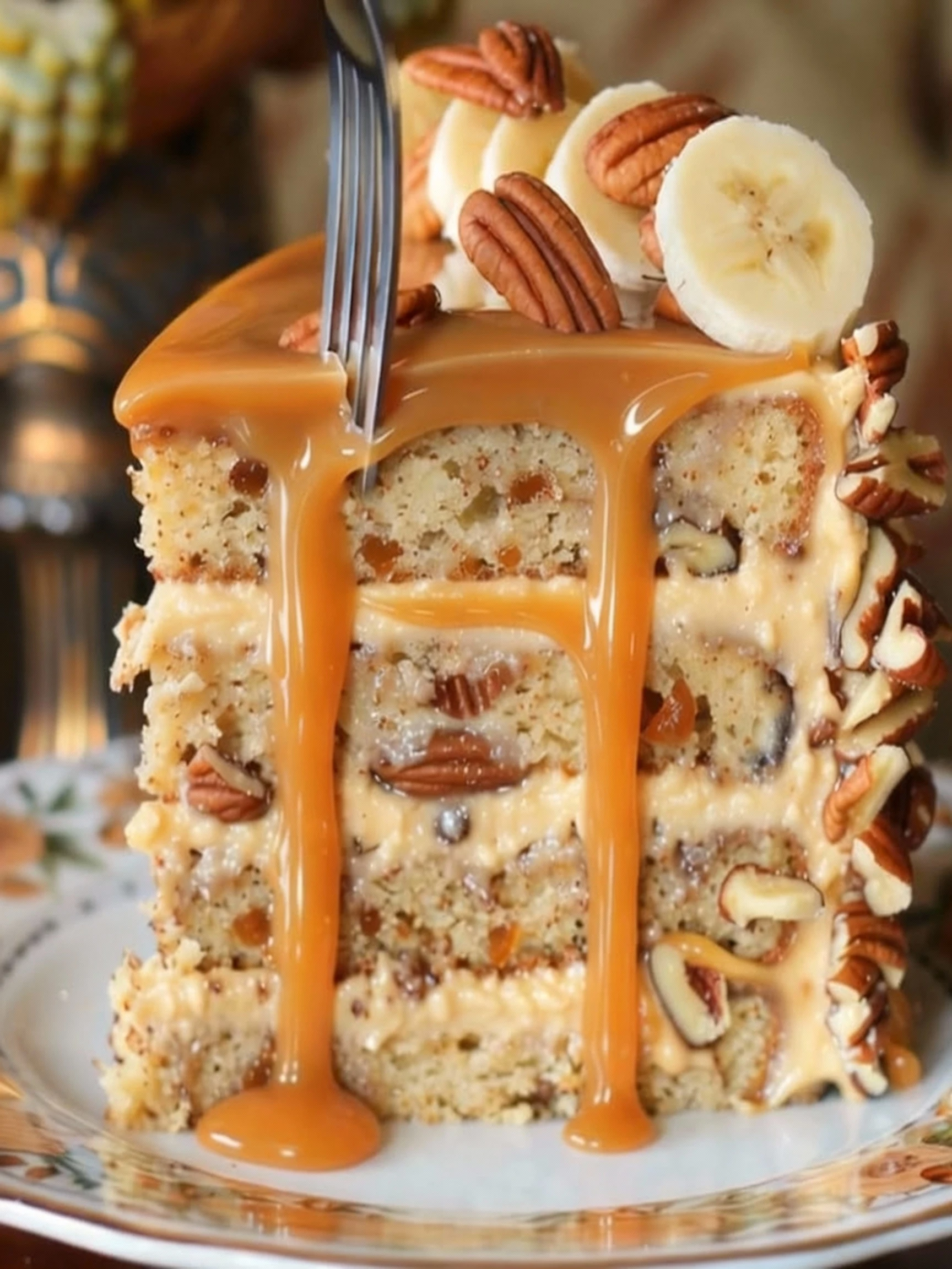 Banana Pecan Caramel Cake Recipe finished
