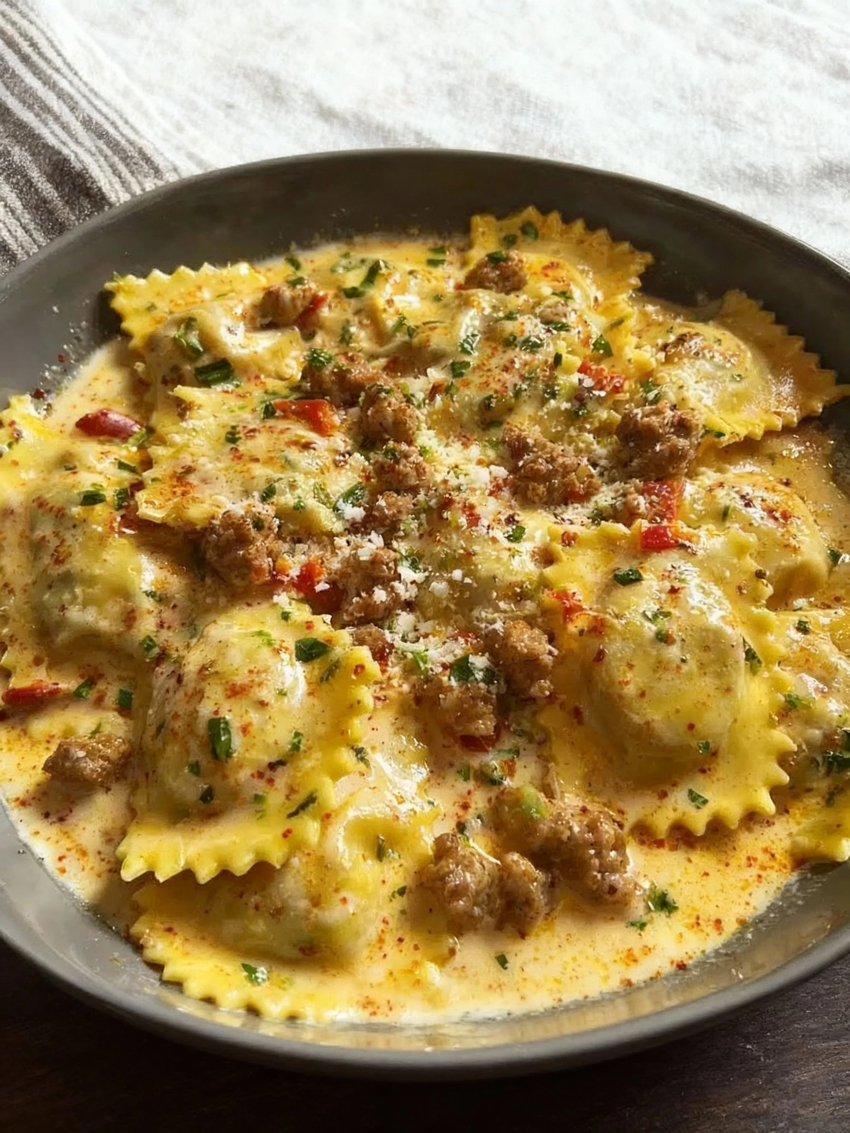 Creamy Cajun Sausage Ravioli finished