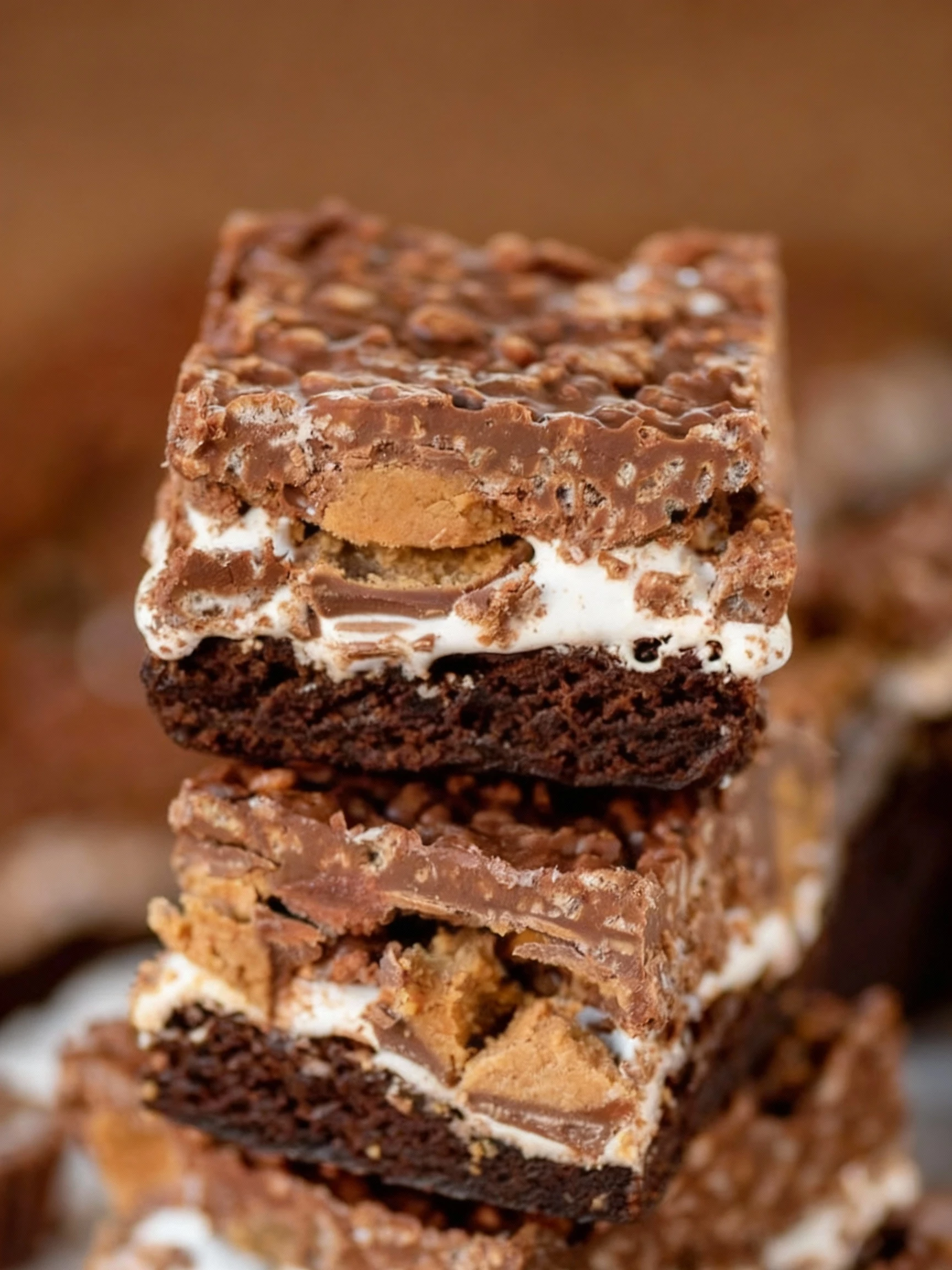Decadent Reese's Marshmallow Brownies have four delicious layers with a crispy peanut butter-chocolate topping finished