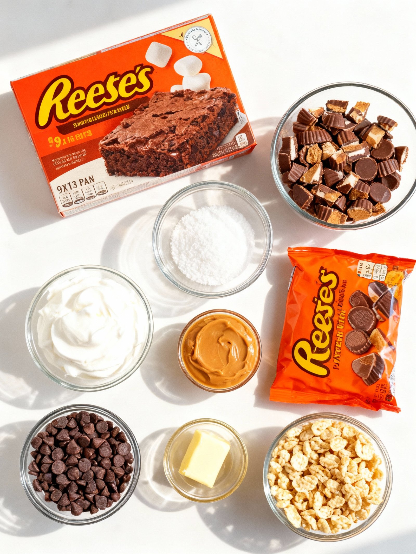 Decadent Reese's Marshmallow Brownies have four delicious layers with a crispy peanut butter-chocolate topping ingredients