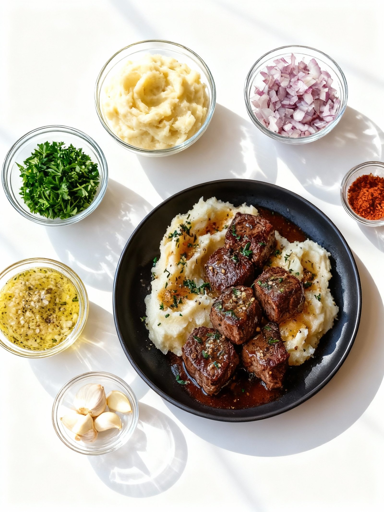 Garlic Butter Steak Bites and Mash ingredients