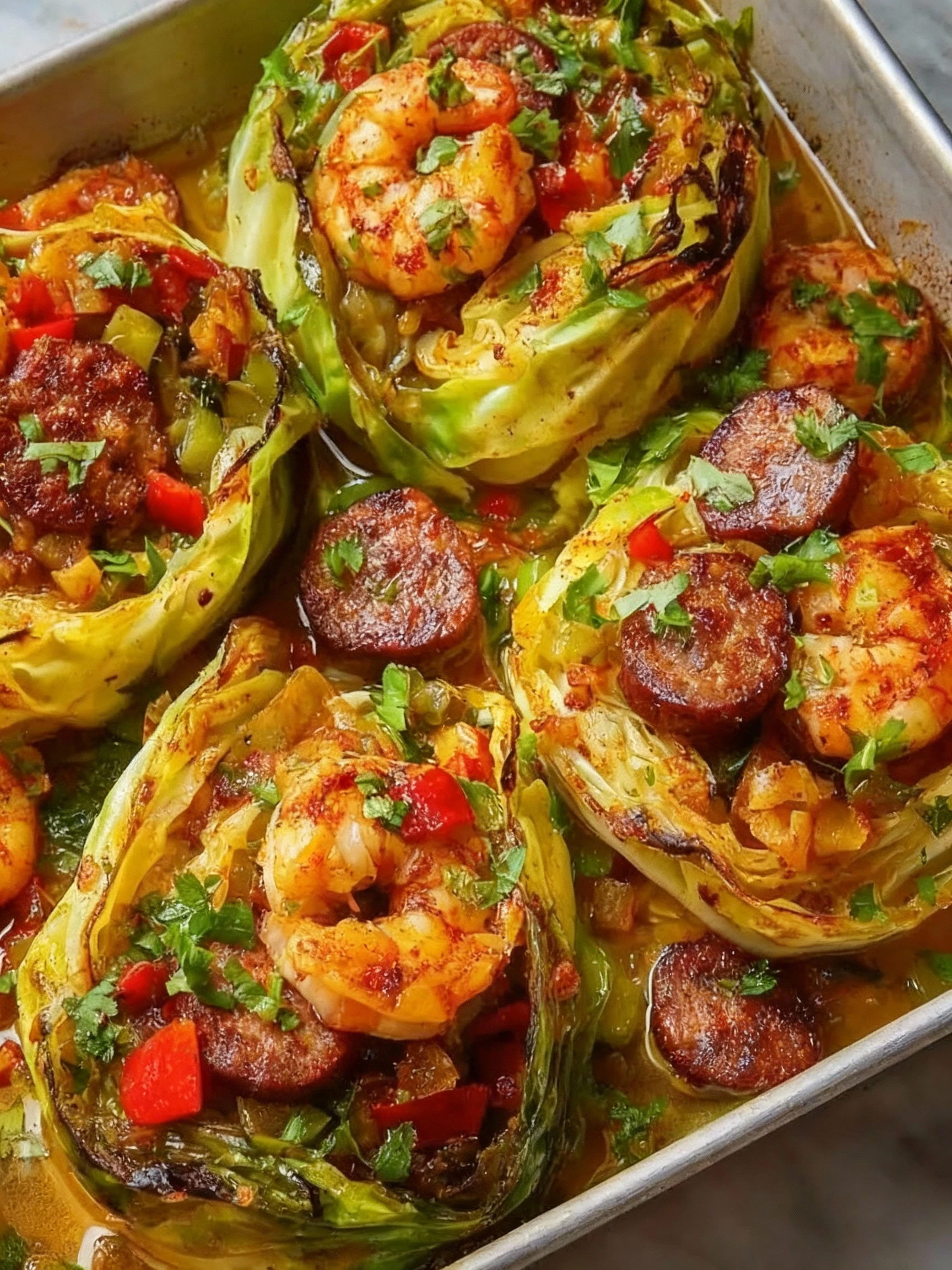 Keto Cajun Shrimp and Sausage Stuffed Cabbage finished