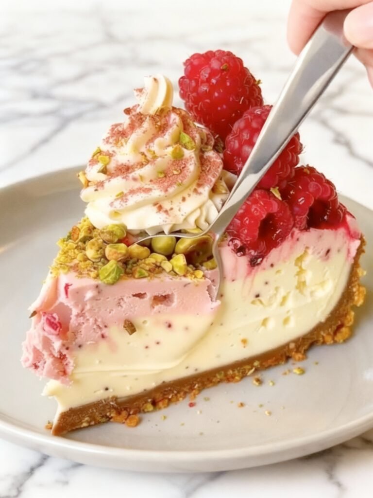 Lemon Raspberry Cheesecake with Pistachio Crumb Recipe