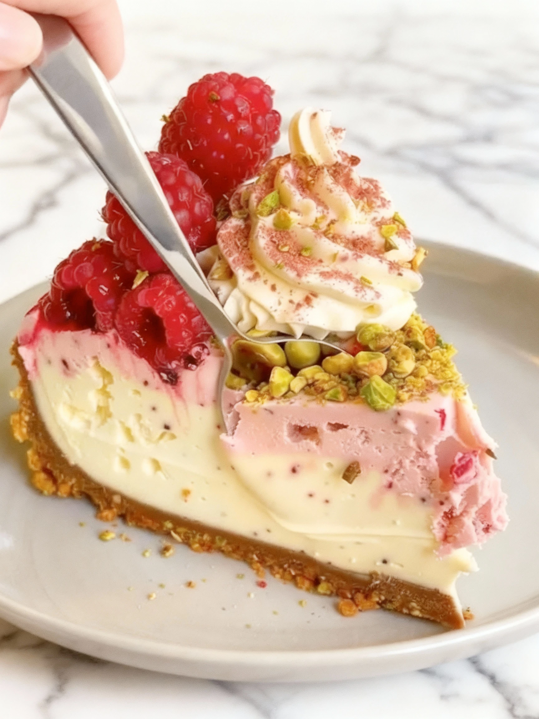 Creamy, zesty, and stunning This lemon raspberry cheesecake topped with pistachio crumb is pure elegance perfect for an finished