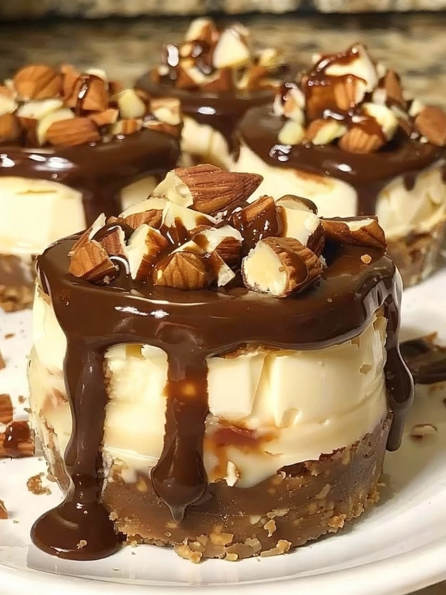 No Bake Turtle Mini Cheesecakes Indulge in creamy cheesecakes with caramel chocolate and almonds finished
