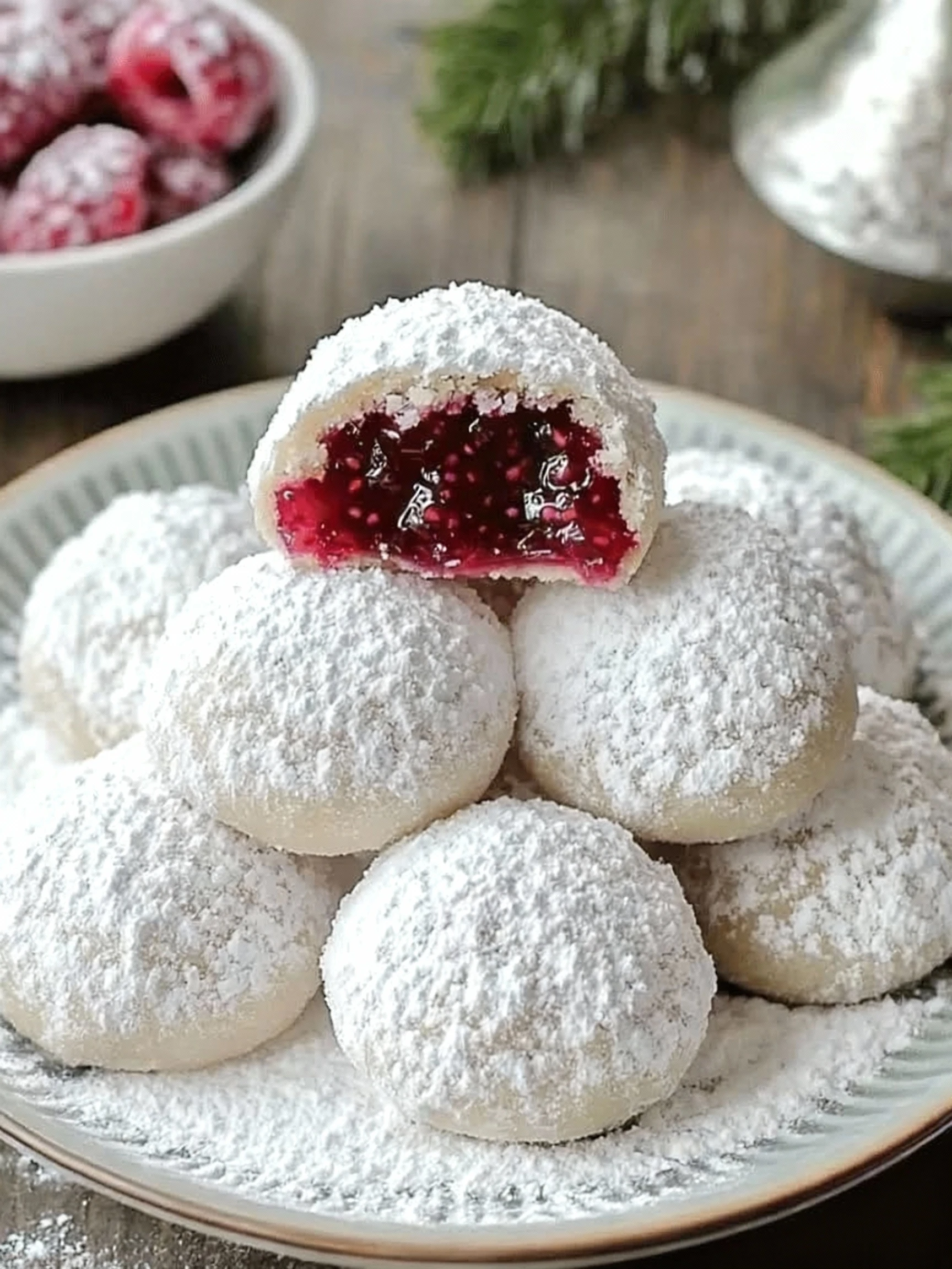 Raspberry-Filled Almond Snow Cookies finished