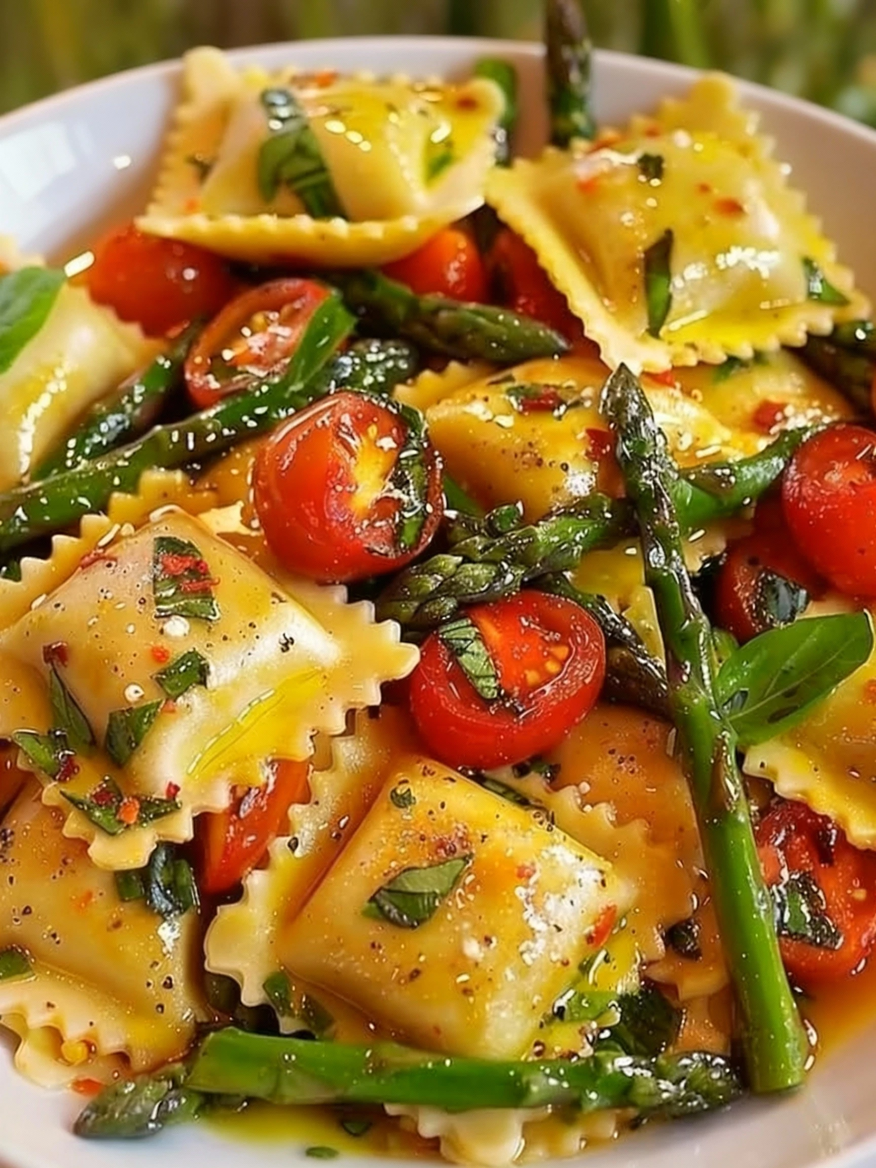 Ravioli with Tomatoes, Asparagus, Garlic, and Herbs finished