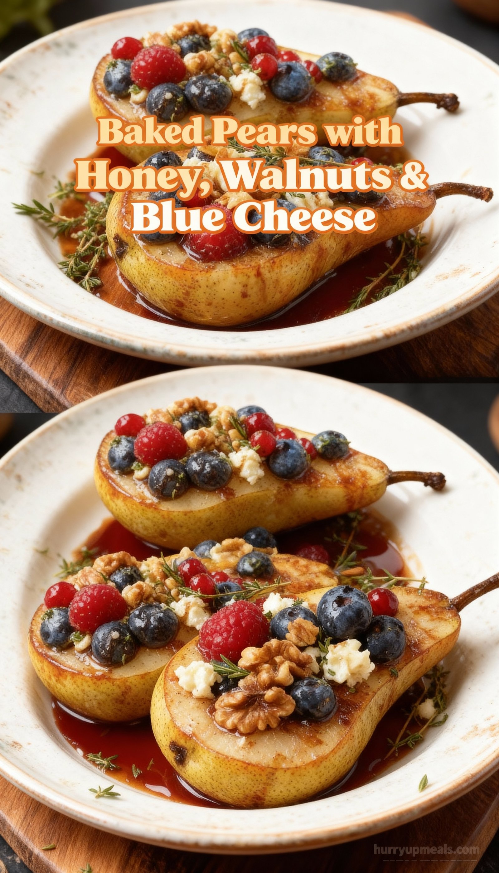 Baked Pears with Berries, Honey, Walnuts & Blue Cheese finished