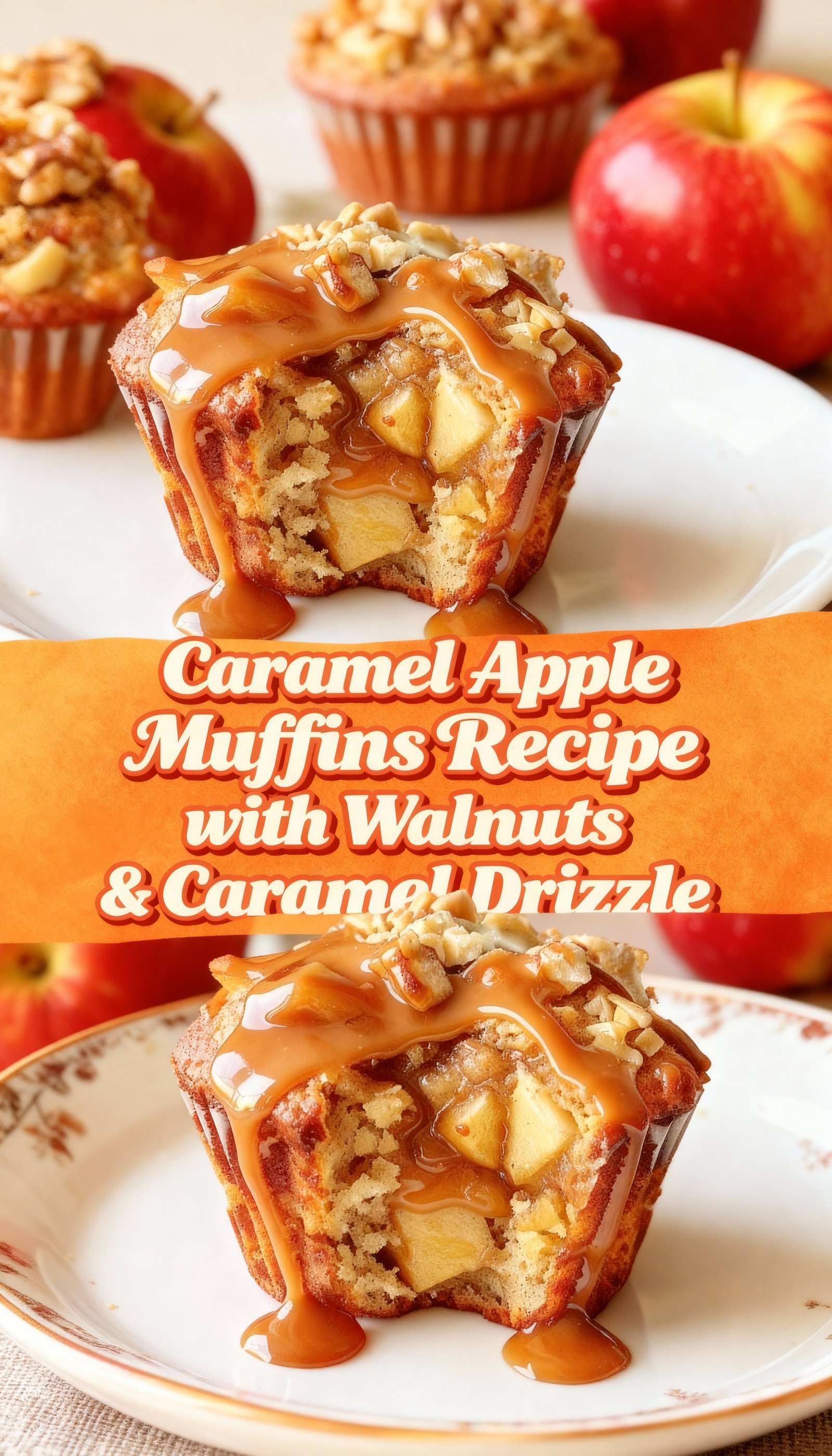 Caramel Apple Muffins Recipe with Walnuts & Caramel Drizzle finished