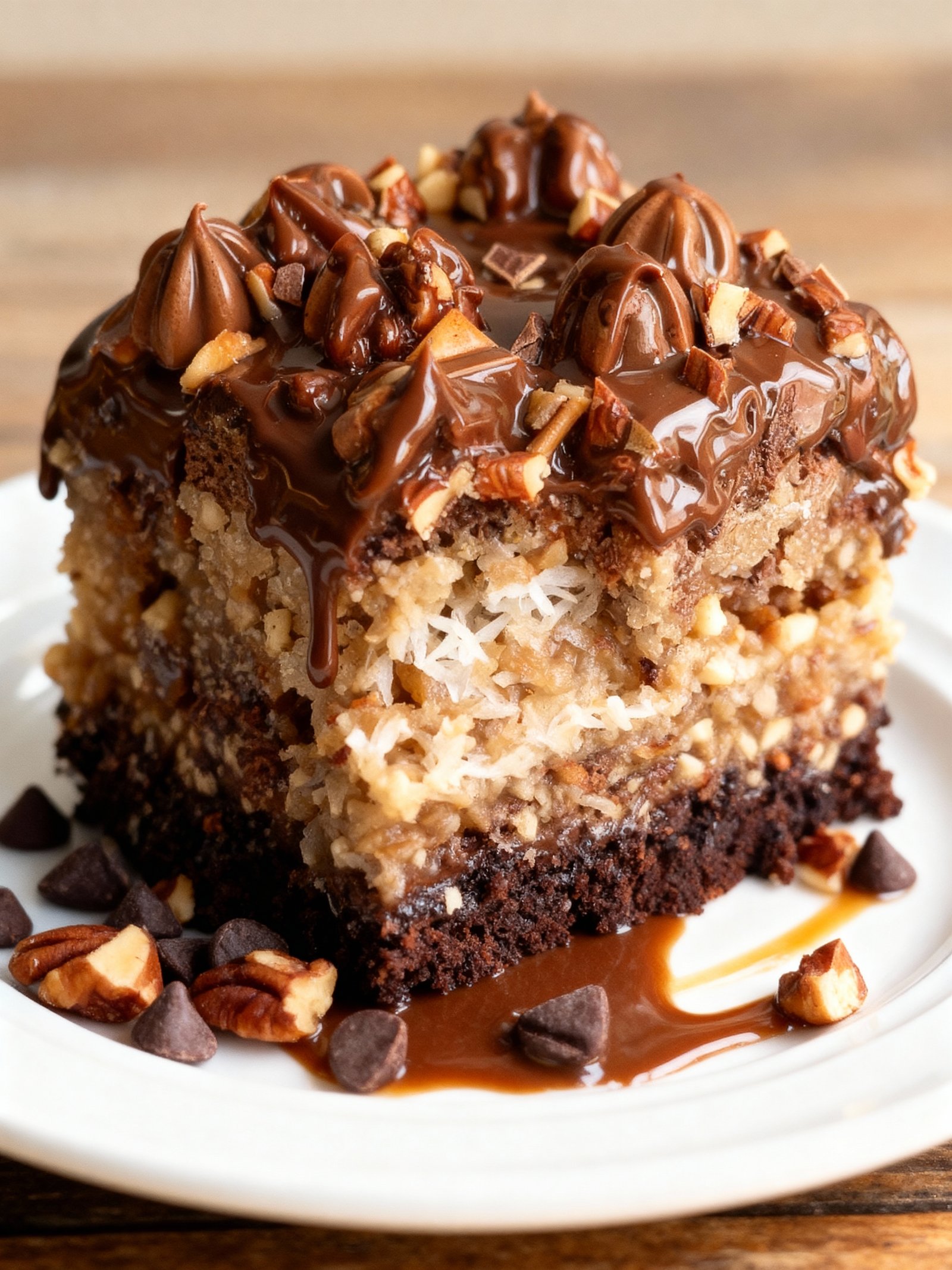 German Chocolate Poke Cake finished