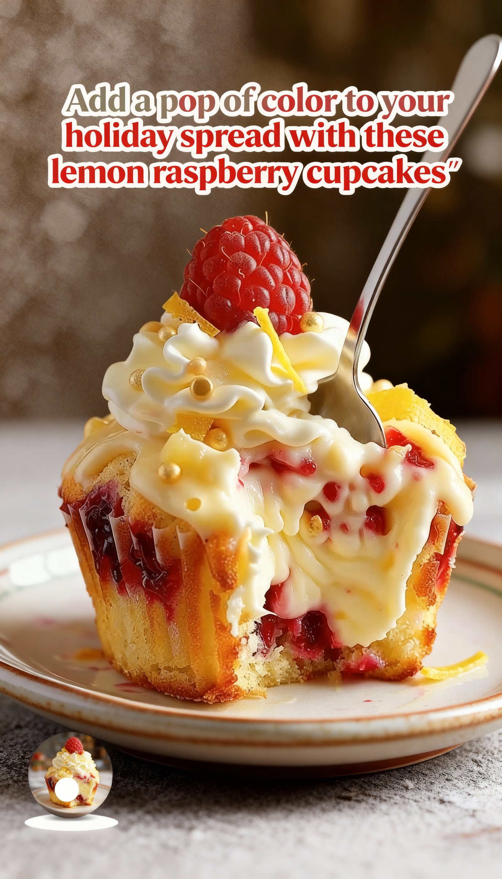 Add a pop of color to your holiday spread with these lemon raspberry cupcakes finished