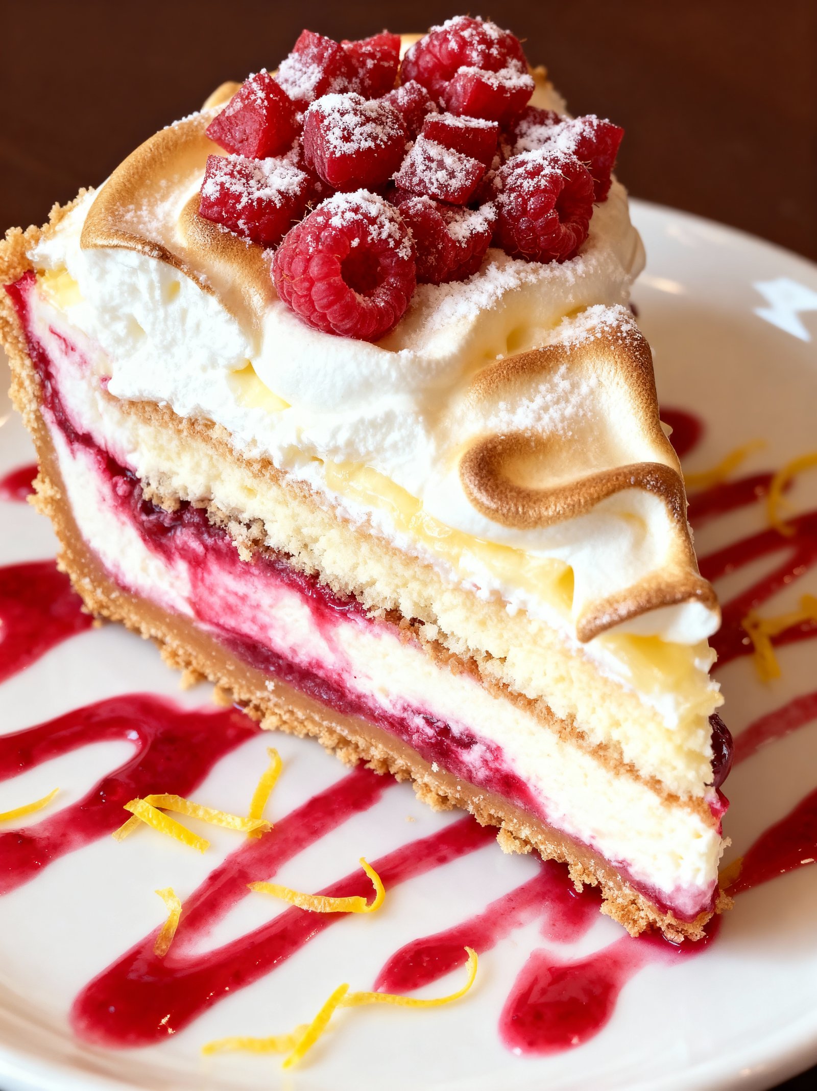 Lemon Raspberry Meringue Cheesecake finished