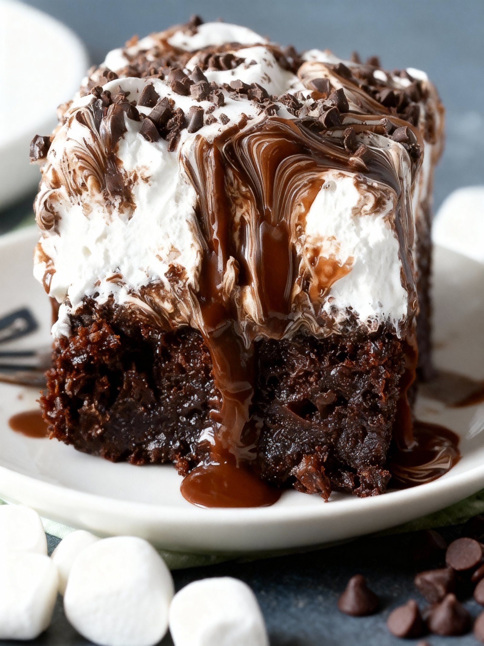 Marshmallow Chocolate Poke Cake finished