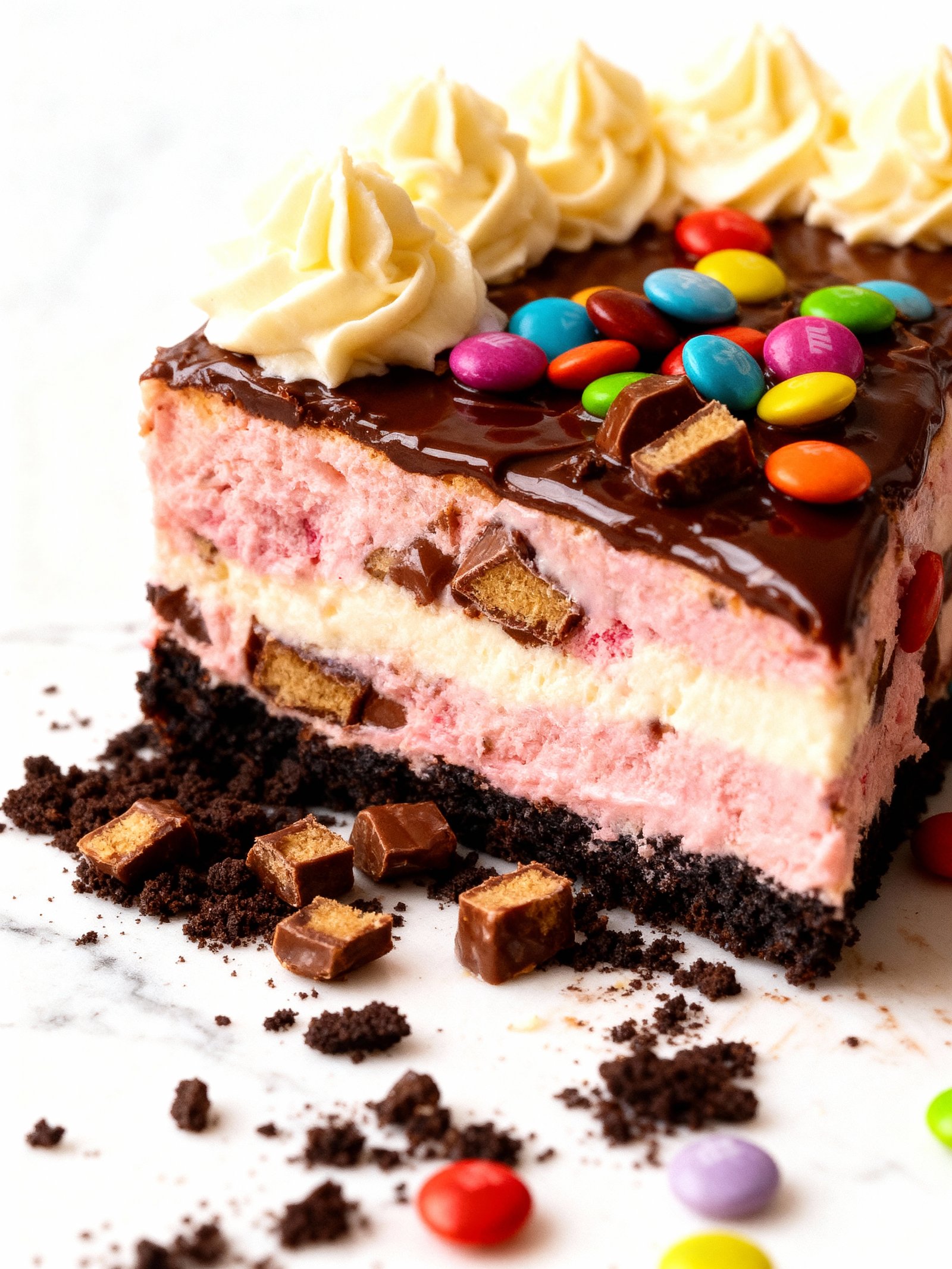 Pink M and M Snickers Cheesecake finished