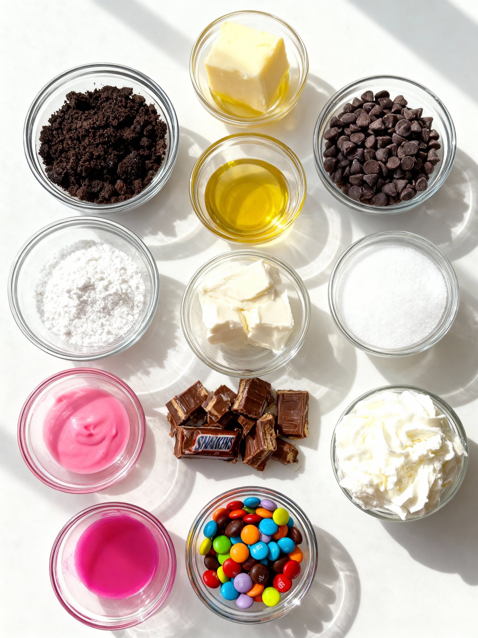 Pink M and M Snickers Cheesecake ingredients