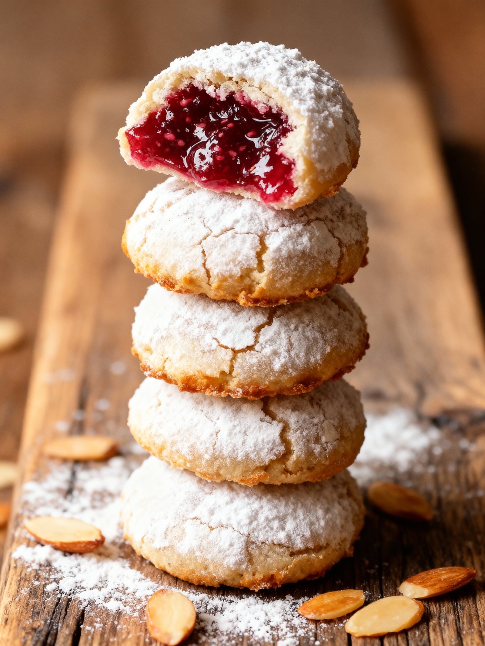 Raspberry Filled Almond Snow Cookies finished