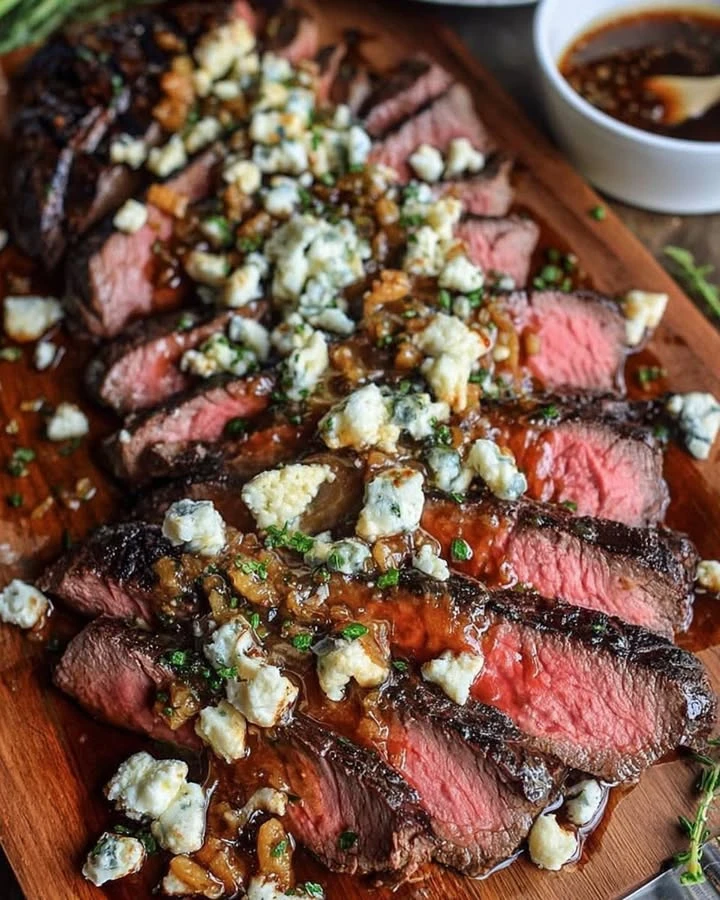 Balsamic Marinated Flank Steak with Blue Cheese Crust finished