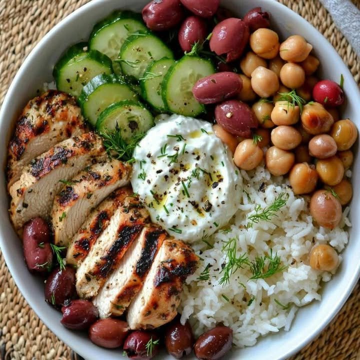 Greek Chicken Bowl with Tzatziki, Chickpeas, and Feta ingredients