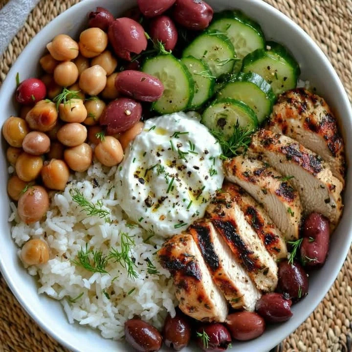 Greek Chicken Bowl with Tzatziki, Chickpeas, and Feta finished