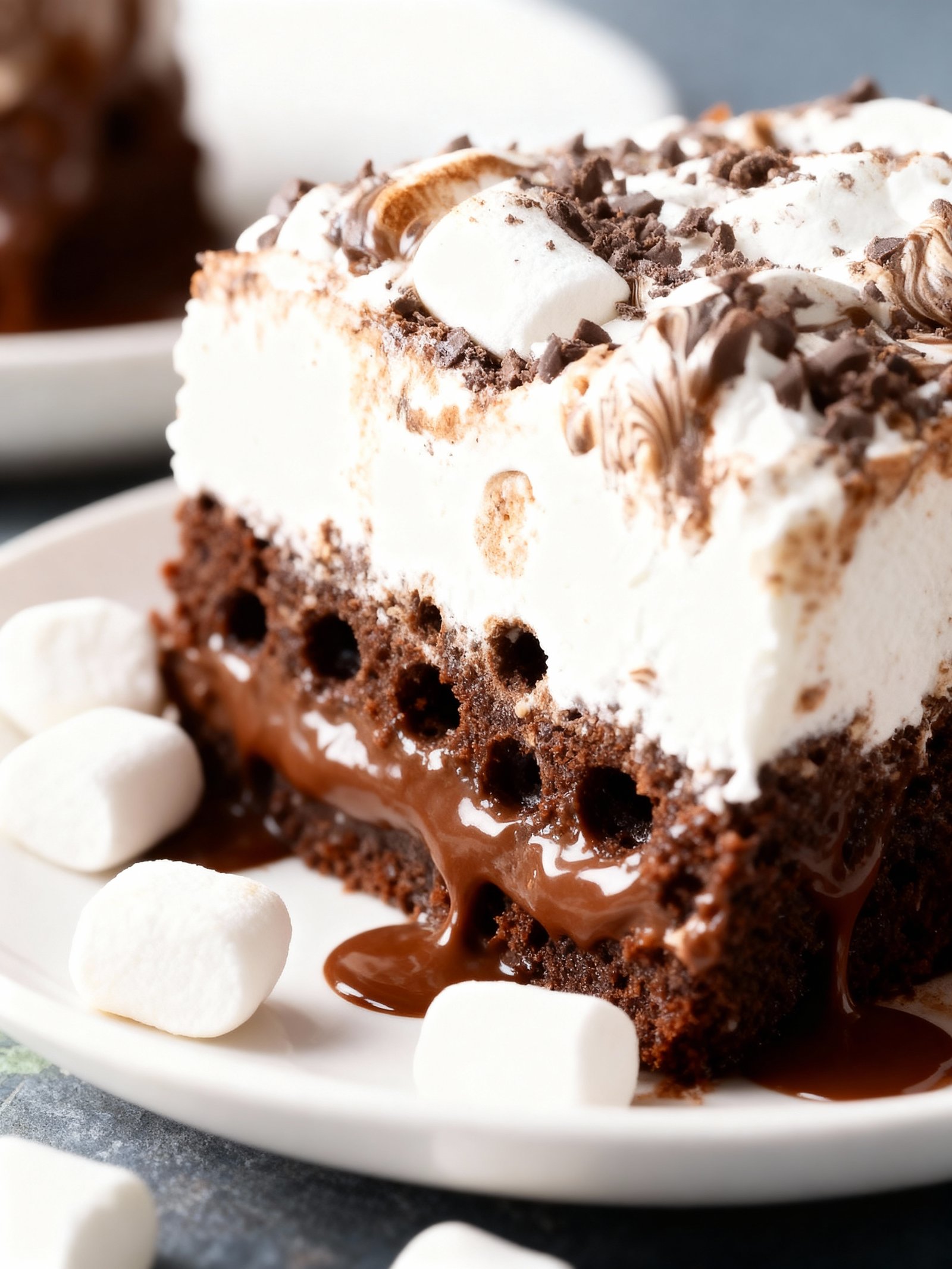 Marshmallow Chocolate Poke Cake finished