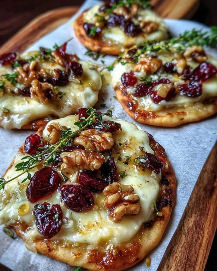Mini Pizza with Brie, Cranberries & Toasted Walnuts with a Hot Honey Drizzle finished