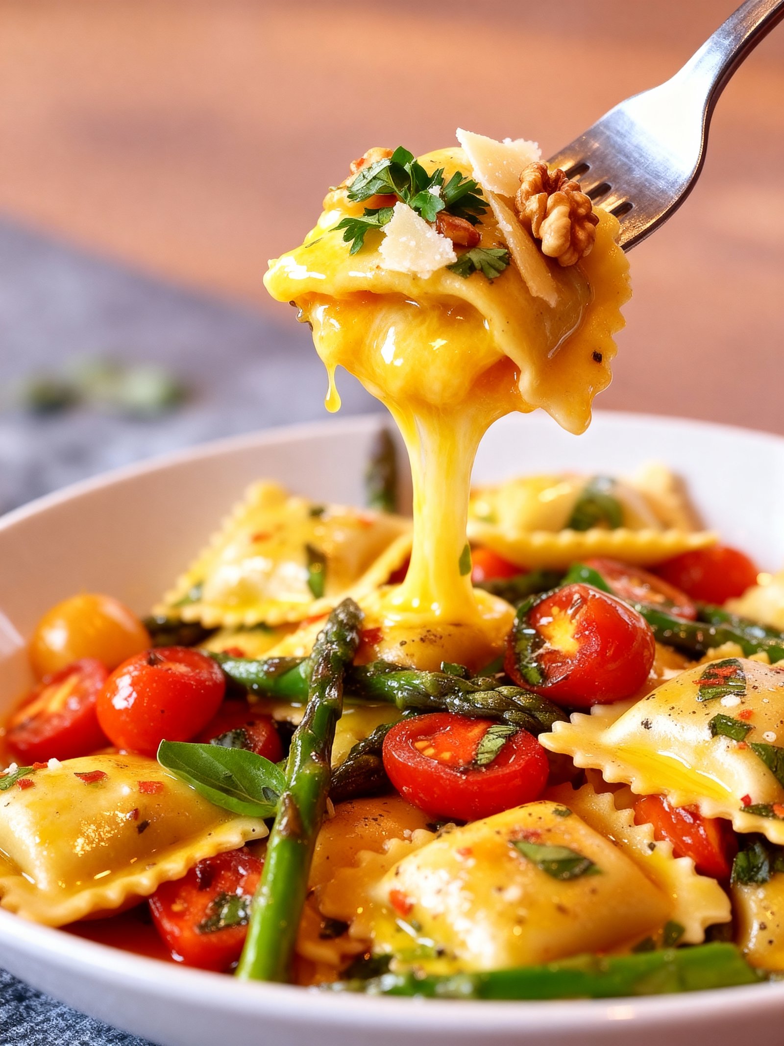 Ravioli with Tomatoes Asparagus Garlic finished