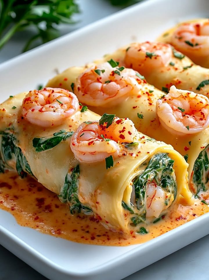 Shrimp and Spinach Stuffed Pasta Rolls with Roasted Red Pepper Cream ingredients