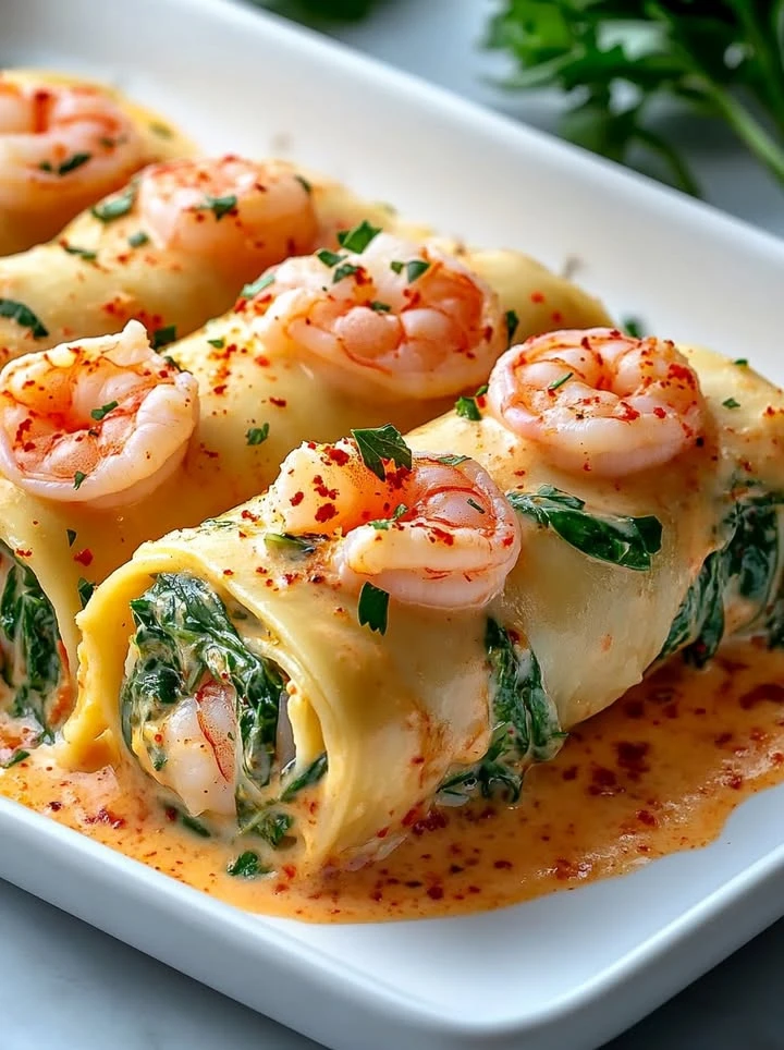 Shrimp and Spinach Stuffed Pasta Rolls with Roasted Red Pepper Cream finished