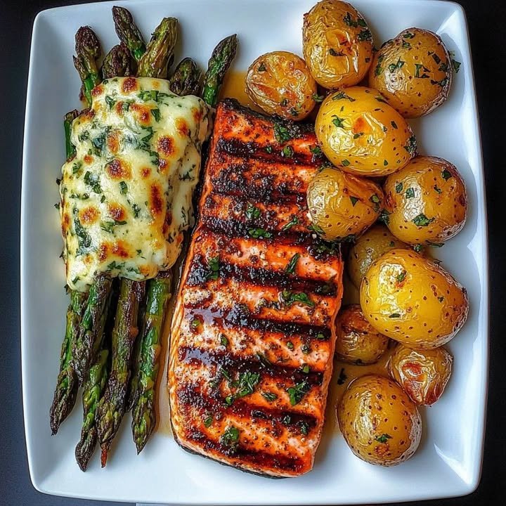 Spiced Salmon with Cheesy Asparagus & Garlic Herb Potatoes Recipe