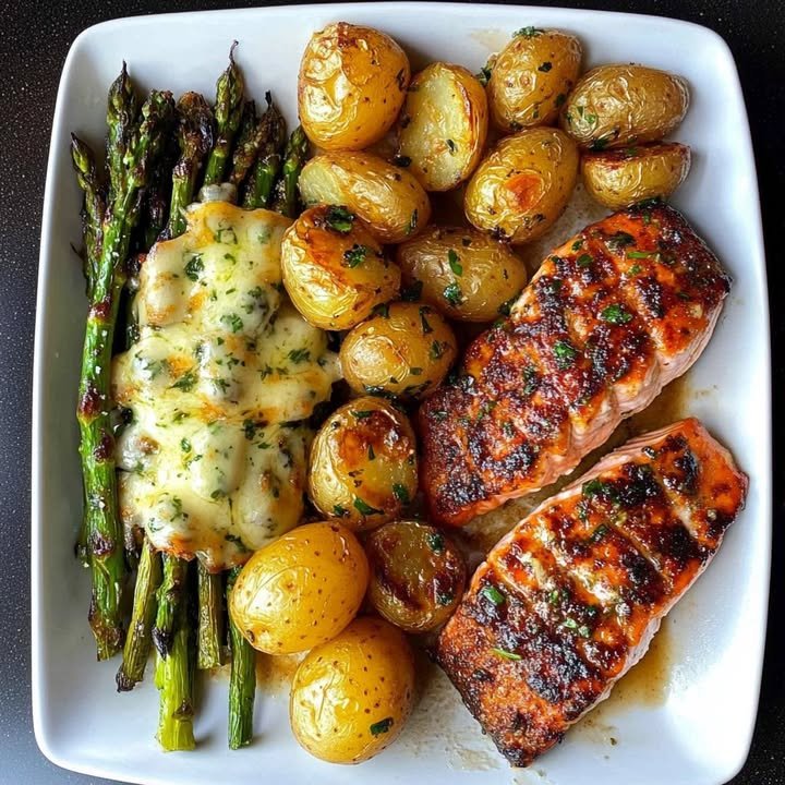 Spiced Salmon with Cheesy Asparagus & Garlic Herb Potatoes ingredients