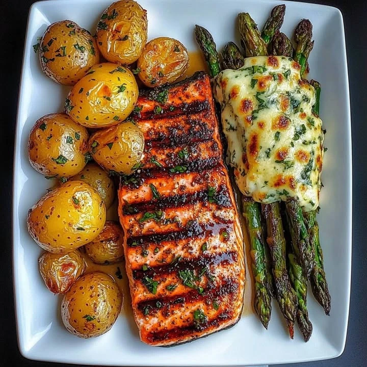 Spiced Salmon with Cheesy Asparagus & Garlic Herb Potatoes finished