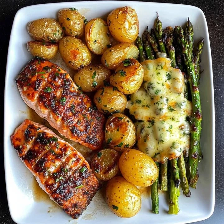 Spiced Salmon with Cheesy Asparagus & Garlic Herb Potatoes finished