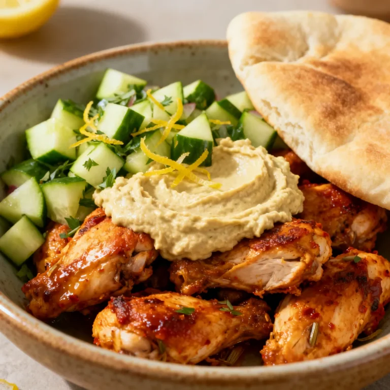 Spicy Garlic Chicken Bowl with Hummus & Cucumber Salad Recipe