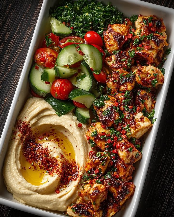 Spicy Garlic Chicken Bowl with Hummus & Cucumber Salad ingredients