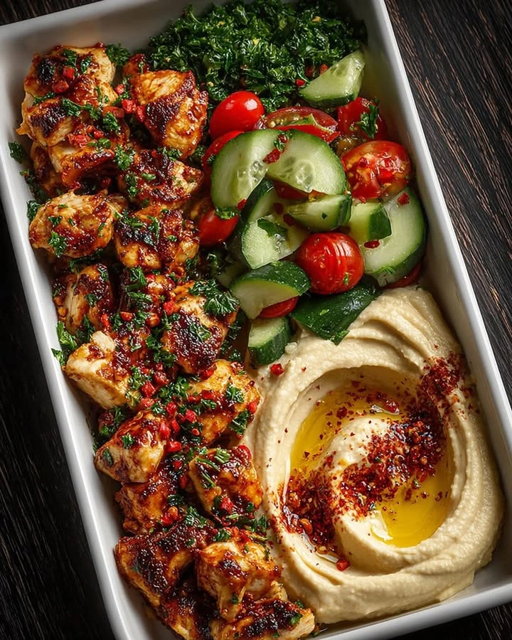 Spicy Garlic Chicken Bowl with Hummus & Cucumber Salad finished