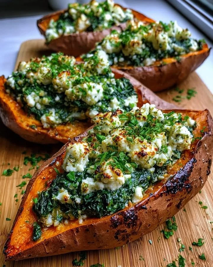 Spinach & Ricotta Stuffed Sweet Potatoes with Herb Drizzle finished