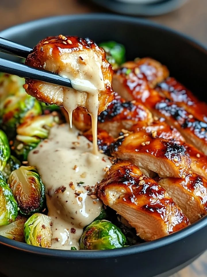 Teriyaki Chicken Bowls with Crispy Brussels finished