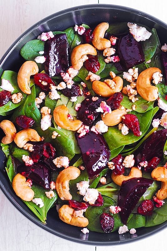 Beet Salad with Spinach, Cashews, and Goat Cheese Recipe