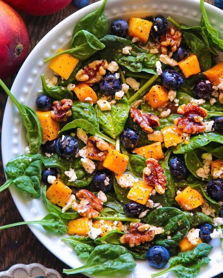 Blueberry Mango Spinach Salad with Walnuts and Feta Recipe