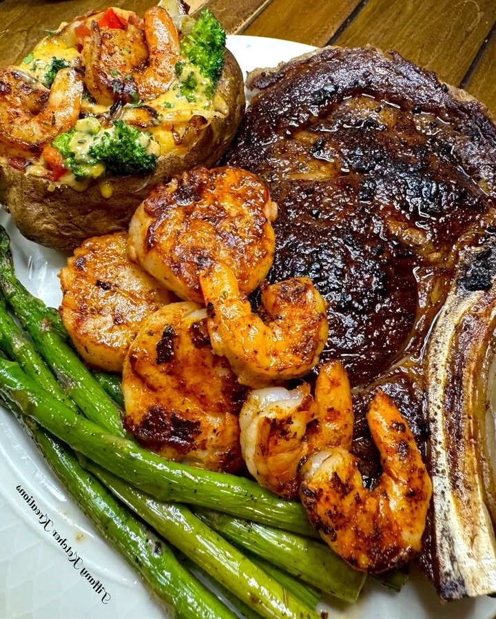 Cowboy ribeye, scallops, shrimp, asparagus and the loaded bacon and shrimp potato finished