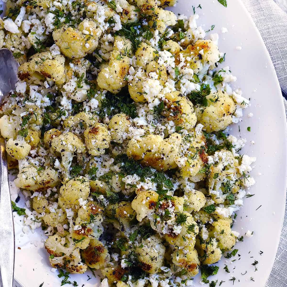 Greek Roasted Cauliflower with Feta and Herbs finished