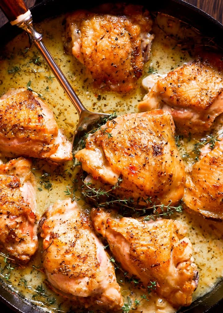 Herb Roasted Chicken in Creamy White Wine Sauce with Italian seasoning and fresh thyme. finished